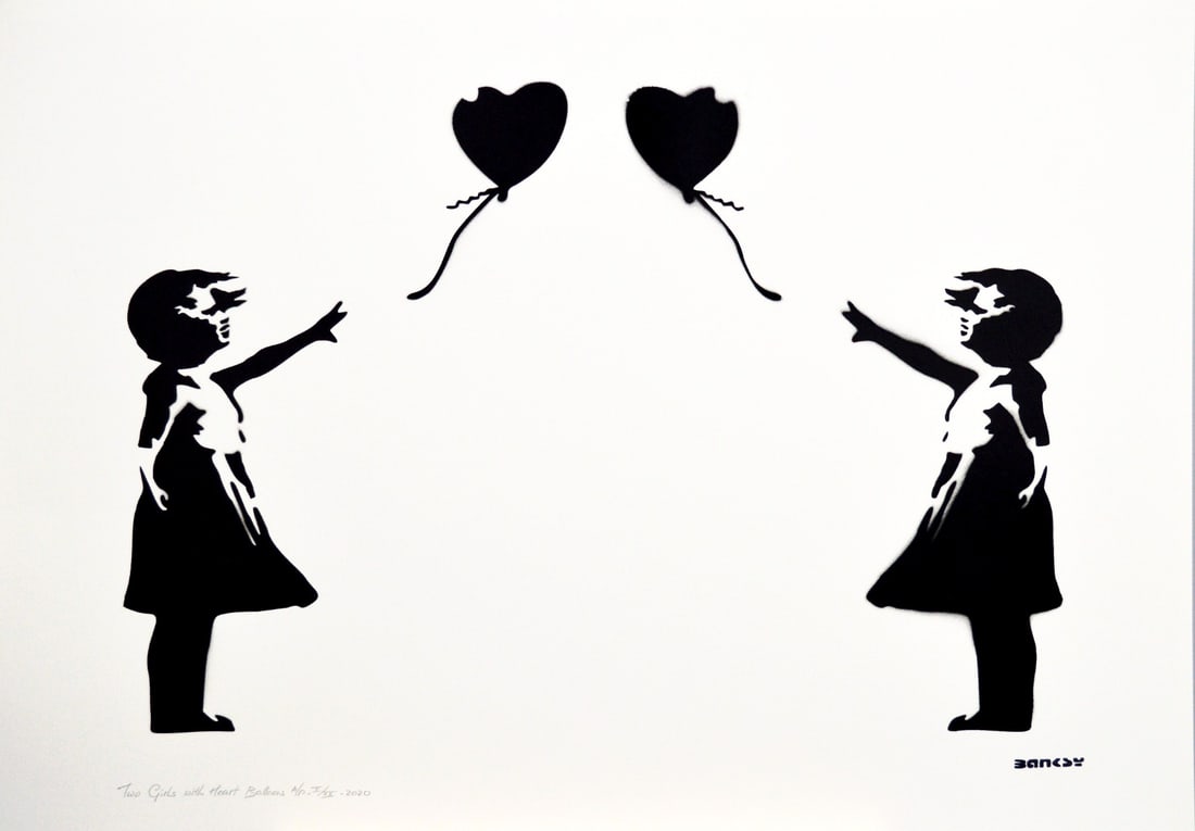 Banksy, after - Stencil / Spray.: Title: Two Girls with Heart Balloons. Banksy, after. Stencil/Spray. StreetArt. Edition: A/P (Artist Proof) Random/XX. Comes with Signed COA card of the Publisher. Signature imprimée (signed in