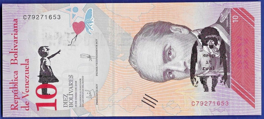 Banksy - Banknote 20 Bolivariana with artist's stamp Dismaland 2015 in Acrylblock Frame: BanksyBanknote 10 Bolivariana with artist's stamp Dismaland 2015, is framed in a 20 mm-thick magnetic acrylic block frame, which will allow you to display and admire both sides of the work. The