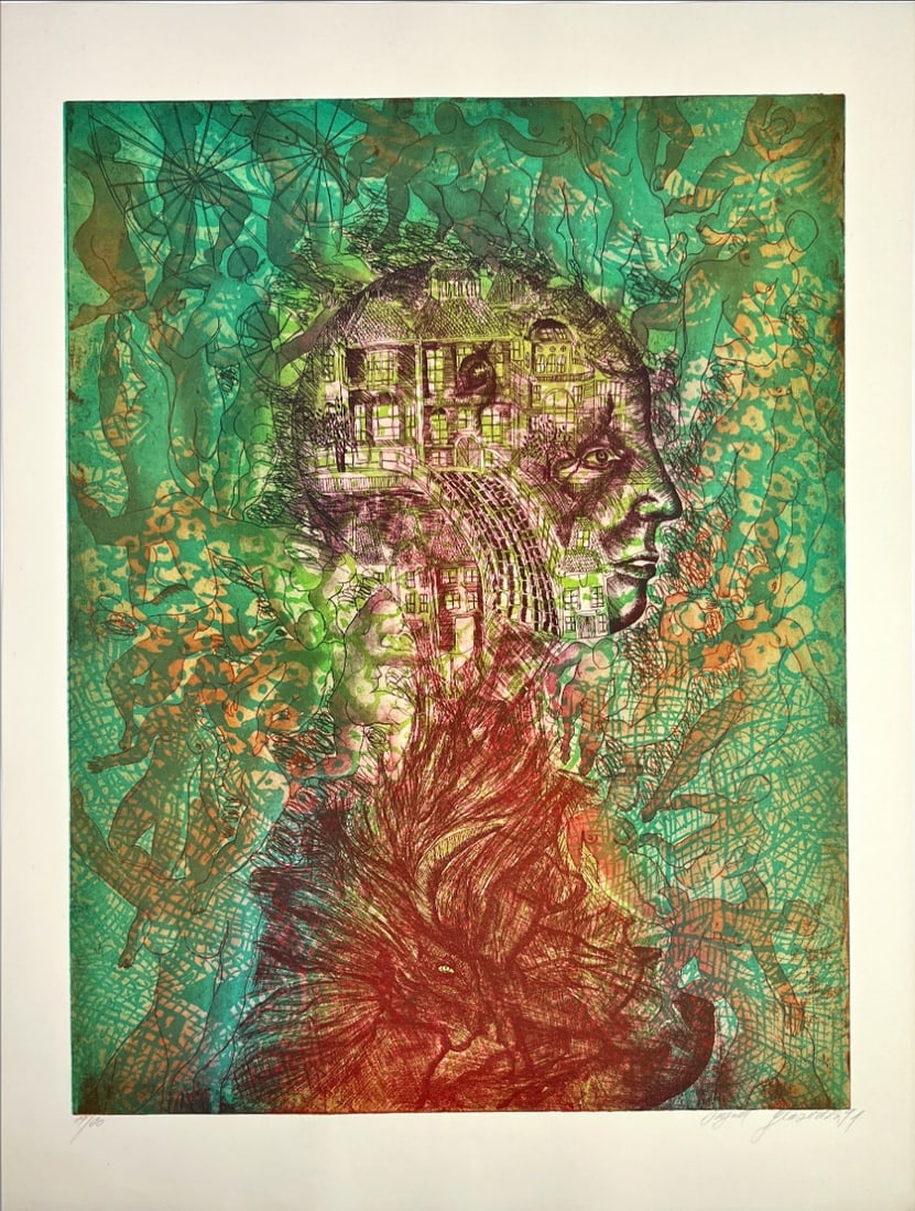 Ingrid Glaserová - Color Etching - Hand signed: Ingrid Glaserová (1955-She studied at the Academy of Arts and Crafts in Prague in the studio of film and television graphics and at the Rietveld Accademy in Amsterdam, then went to the USA. She