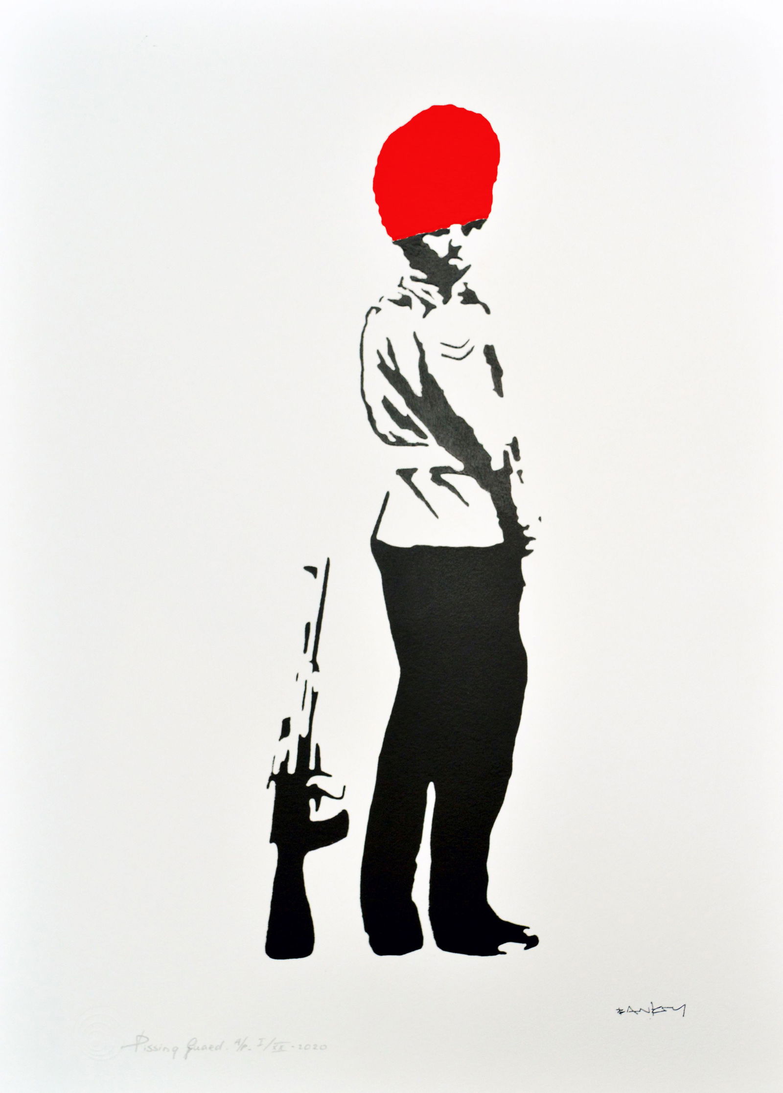 Banksy, after - Stencil / Spray.: Title: Pissing Guard Red. Banksy, after. Stencil/Spray. StreetArt. Edition: A/P (Artist Proof) Random/XX. Comes with Signed COA card of the Publisher. Signature imprimée (signed in plate). With
