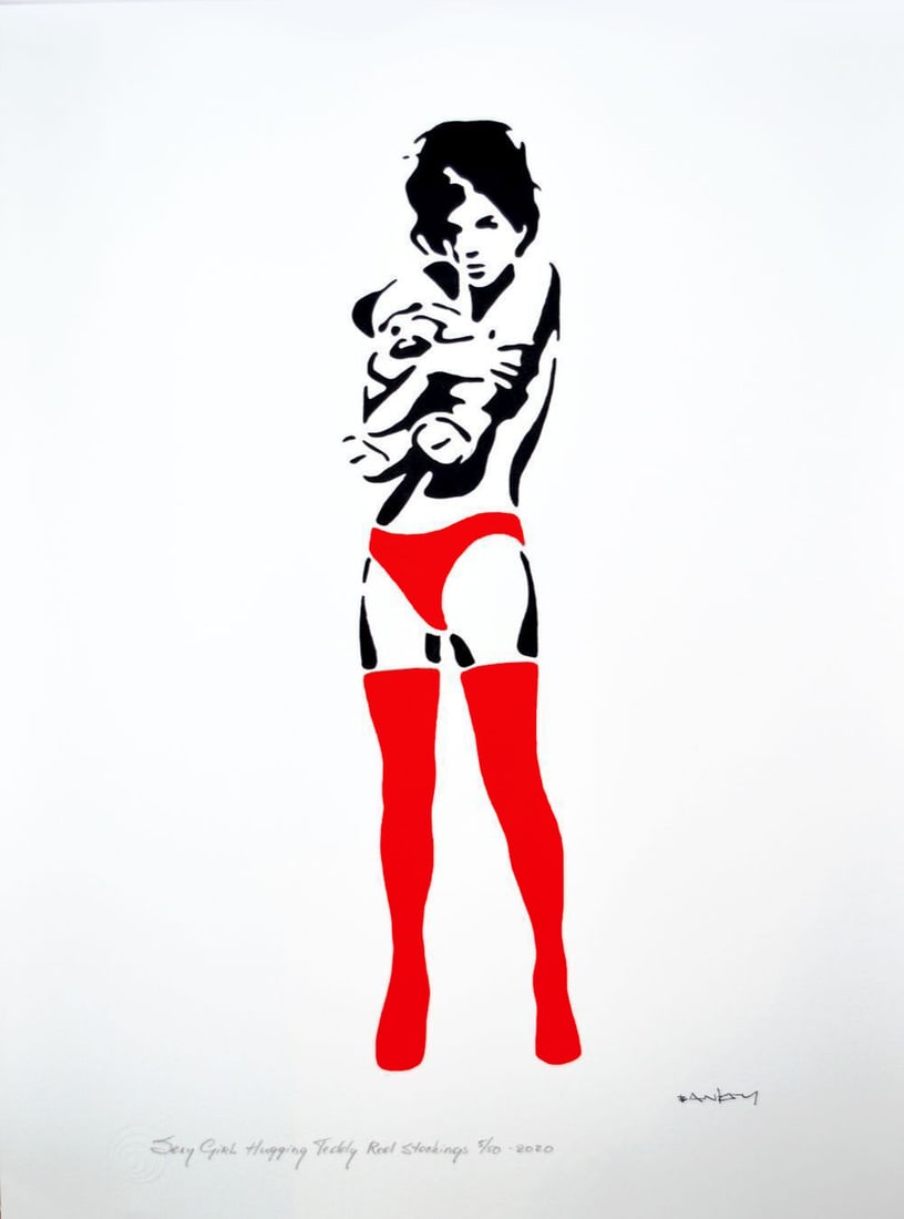 Banksy, after - Stencil / Spray.: Title: Sexy Girl Hugging Teddy Red Stockings. Banksy, after. Stencil/Spray. StreetArt. Edition: A/P (Artist Proof) Random/XX. Comes with Signed COA card of the Publisher. Signature imprimée (signed