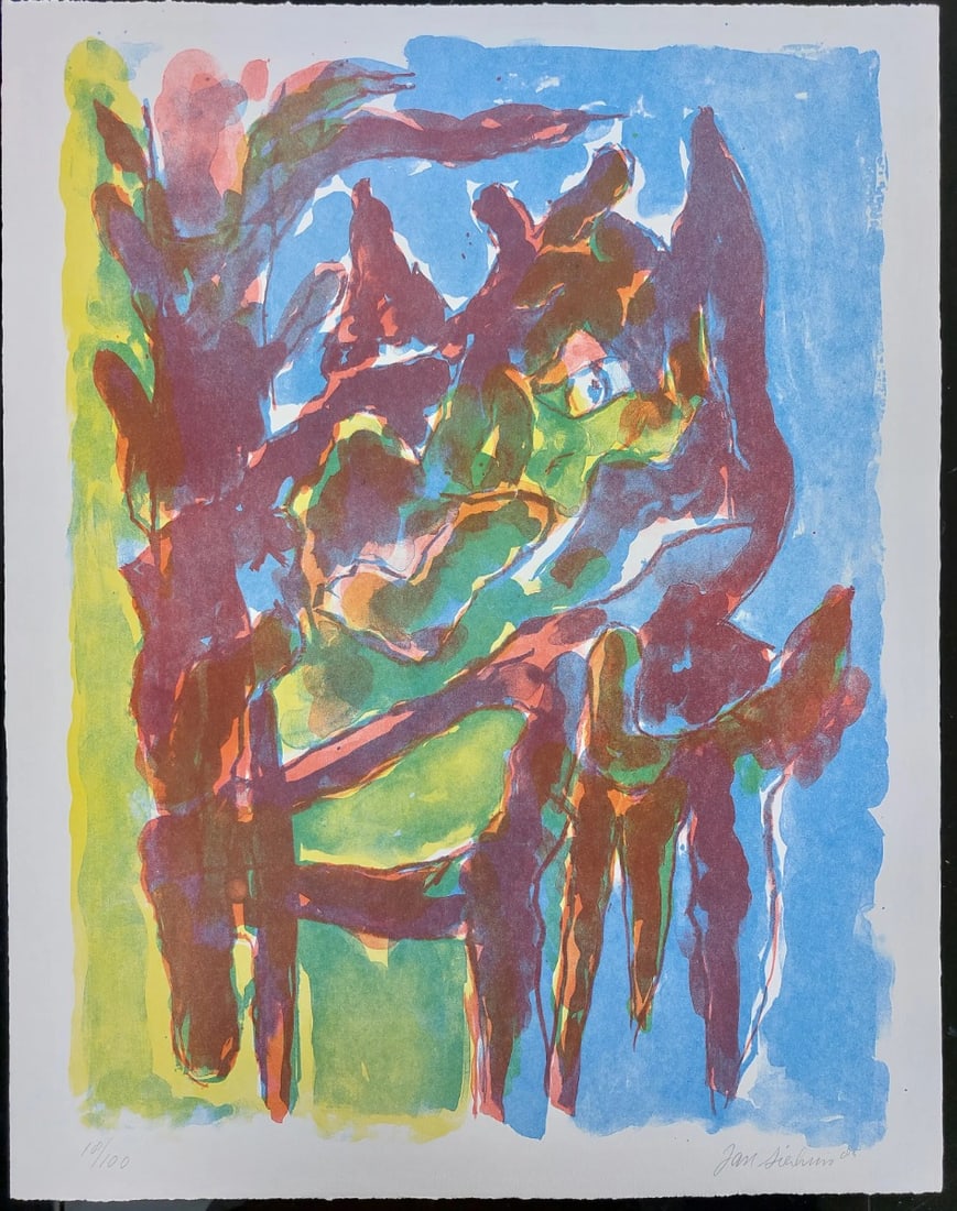 Jan Sierhuis - Lithograph - Hand signed: Great Lithograph by Dutch artist Jan Sierhuis 1928 - 2023Hand signed and dated. Grote litho van Jan Sierhuis in de voor hem kenmerkende Cobra stijl. Het werk heeft een aquarel-achtige