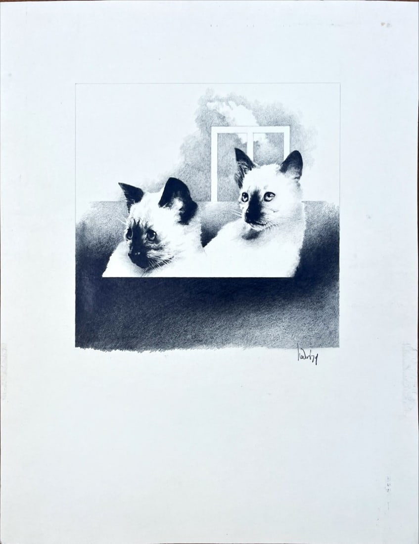 Dutch Artist - Pencil drawing - Hand-signed: 2 Siamezen, Dutch Artist (Unknown) – A finely executed pencil drawing, hand-signed by the artist. Formerly in the collection of Gallery Wiek XX, this work exemplifies delicate draftsmanship and