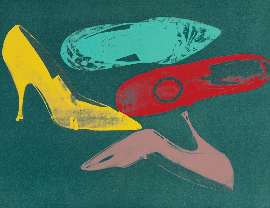 Andy Warhol - shoes - Screenprint in colors with Diamond Dust: Andy Warhol - Diamond Dust Shoes.Unique screenprint in colors on Lenoxmuseum board.Published by Ronald Feldman Fine Arts, Inc., New York1980Will be shipped flat.