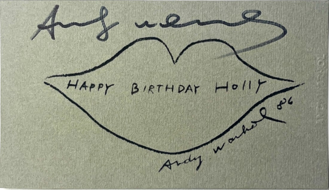 Andy Warhol - Drawing on Invition card - Hand signed: A True Memorabilia & collectibles of Andy Warhol of a Invition Card of the birthday of Holly Woodlawn.With small drawing of a Kiss.Hand signed