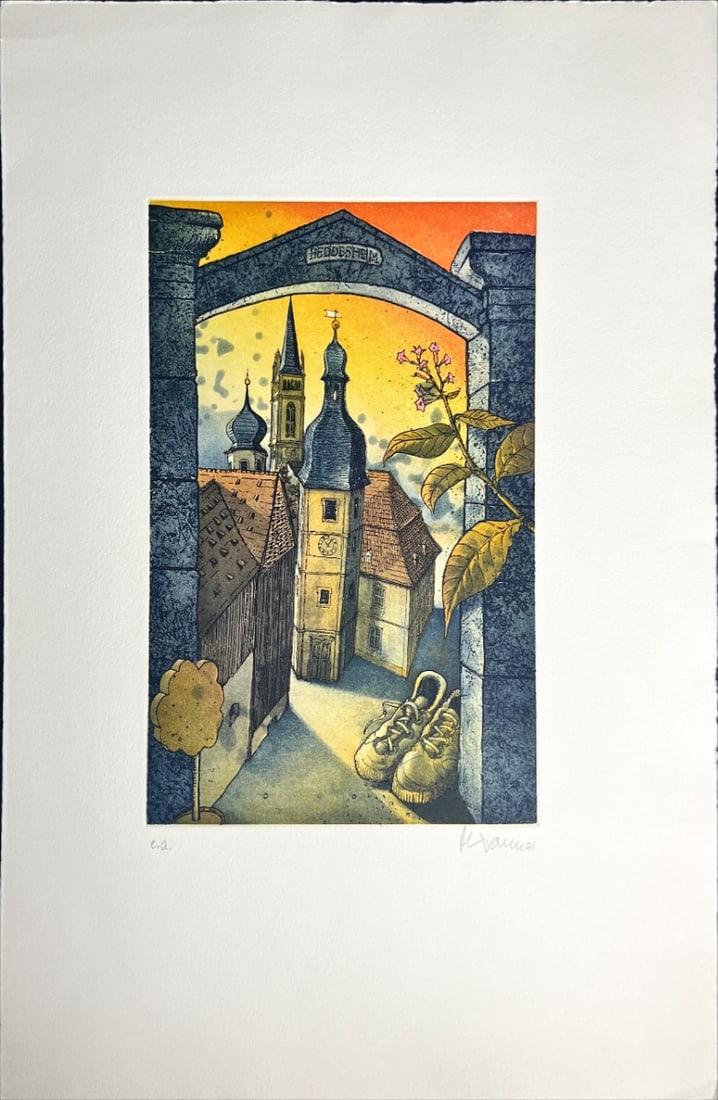 Composition with a church - Etching - Hand-signed: Great Etching print by a German Artist.Hand signed