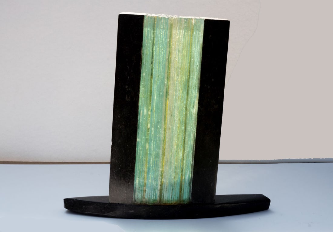 C.R. - Sculpture.: Stunning glass sculpture, made of bluestone and glass.Hand-Signed with monogram