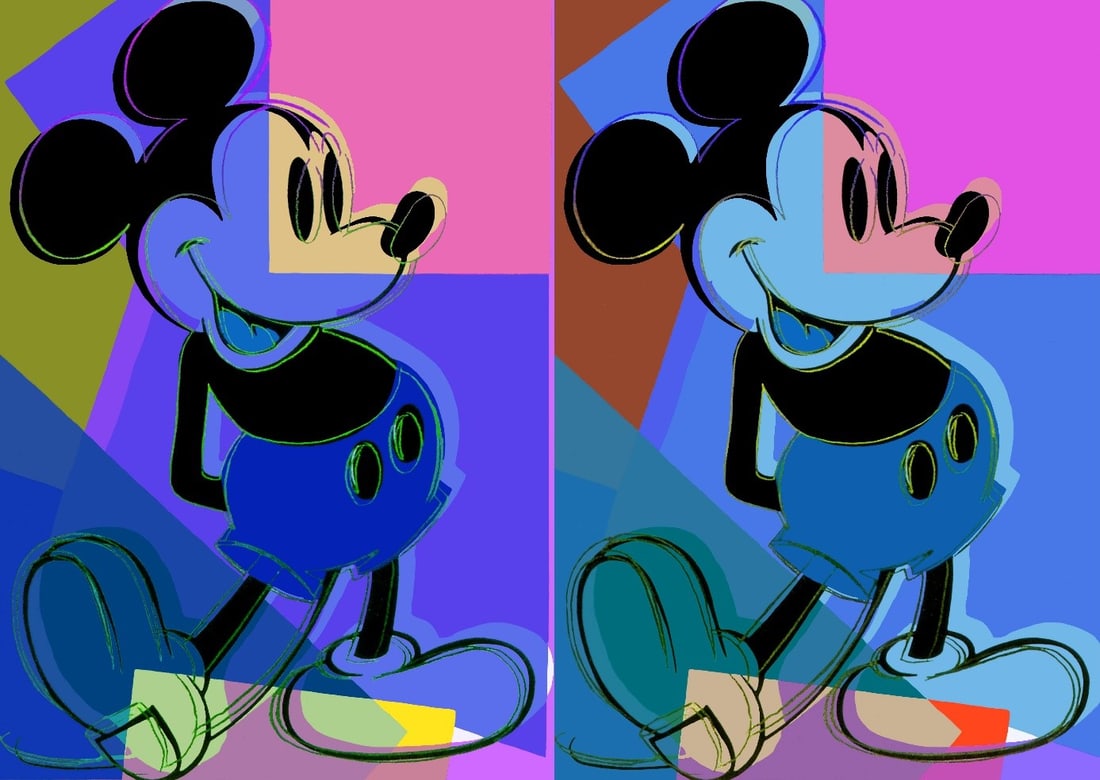 Andy Warhol - Double Mickey Mouse - Screenprint with Diamond Dust: Andy Warhol - Double Mickey Mouse.Unique screenprint in colors with diamond dust, on Arches 88 paper.Stemp verso:published by Ronald Feldman Fine Arts, Inc., New YorkLiterature?Feldman & Schellmann