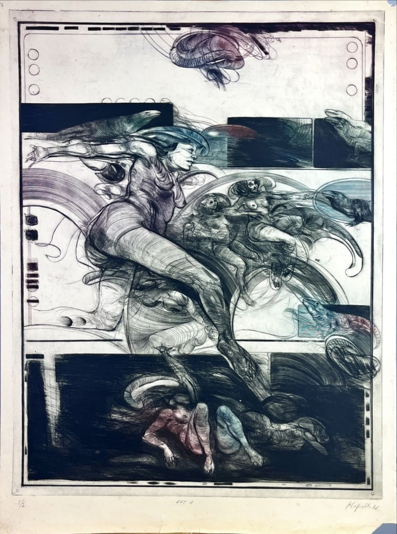 AKT II - Color Etching - Hand-signed: Great Etching titled AKT II. probably from a Romanian artist, Hand-signed.