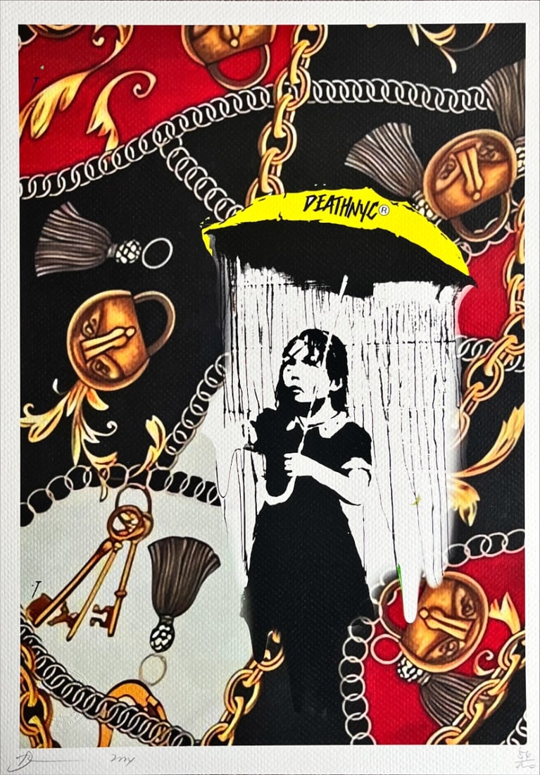 Death NYC - Banksy Girl with umbrella - Hand signed: Street Art. Death NYCHand signature by the Artist. Original certificate and golden seal included. DEATH NYC's artwork featured in galleries and streets around the world. Recently also featured in the