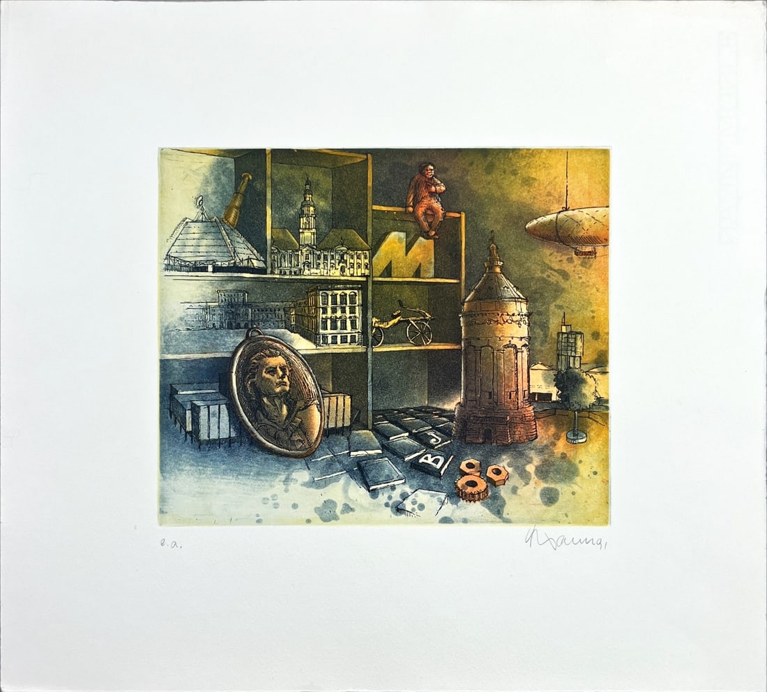 Richly detailed etching - German Artist - Hand-signed: This surreal, richly detailed etching presents a cabinet of architectural landmarks, historical figures, and vintage machinery, evoking a nostalgic collage of cultural memory and invention. Great