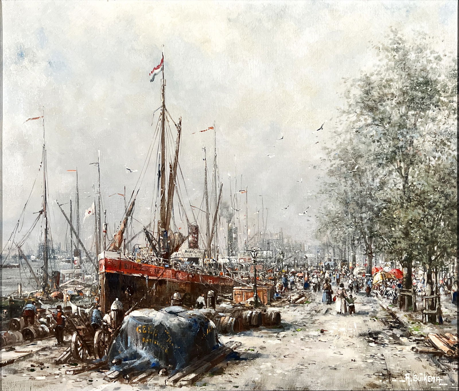 Buikema, Albert - Historic view on the harbour - Oil Painting - Hand-signed: This atmospheric oil painting by Albert Buikema presents a lively historic harbour scene, executed in an expressive impressionistic style. The composition captures a bustling quay lined with sailing