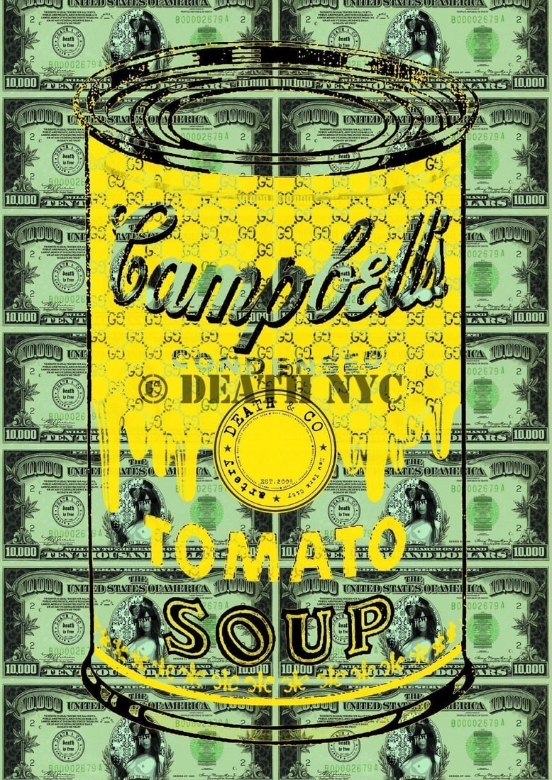 Death NYC - Money Soup Y - Silkscreen: Hand signature by the Artist. Original certificate and golden seal included. DEATH NYC's artwork featured in galleries and streets around the world. Recently also featured in the Google Glass