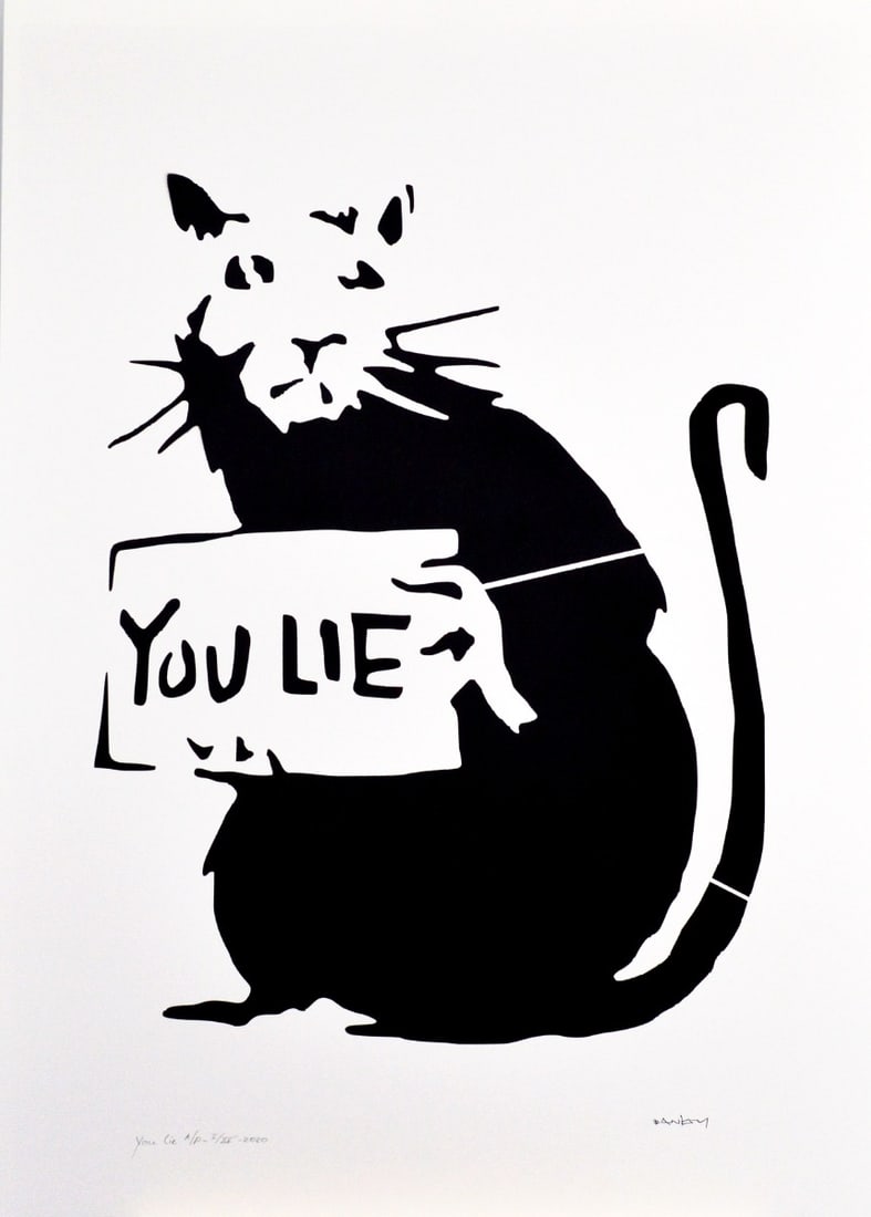 Banksy, after - Stencil / Spray.: Title: You Lie. Banksy, after. Stencil/Spray. StreetArt. Edition: A/P (Artist Proof) Random/XX. Comes with Signed COA card of the Publisher. Signature imprimée (signed in plate). With pencil hand
