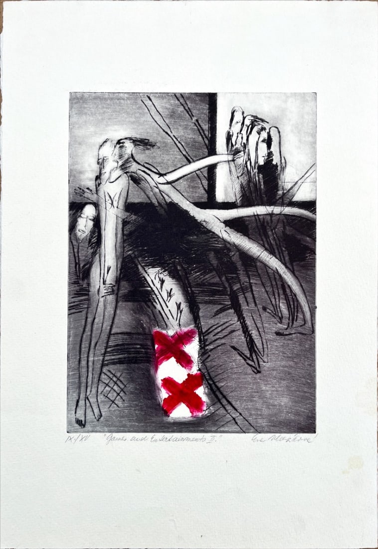 Abstract composition - Etching - Hand-signed: The etching shows a monochrome composition, primarily in black-and-white, and some red accents, with expressive, sketch-like lines forming figures and sets. At the center of the scene there are two