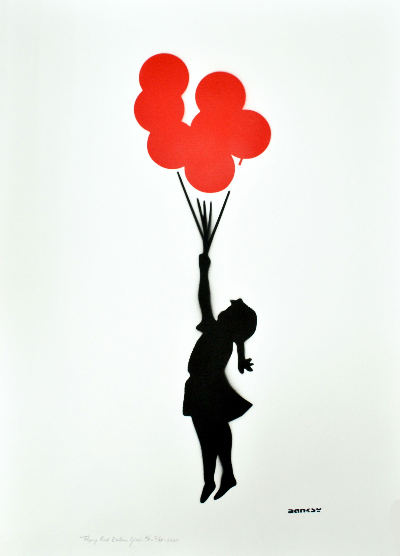 Banksy, after - Stencil / Spray.: Title: Flying Red Balloon Girl. Banksy, after. Stencil/Spray. StreetArt. Edition: A/P (Artist Proof) Random/XX. Comes with Signed COA card of the Publisher. Signature imprimée (signed in plate).