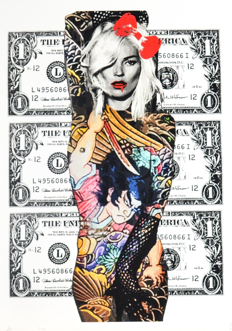 Death NYC - Kate Mos Money: Hand signature by the Artist. Original certificate and golden seal included. DEATH NYC's artwork featured in galleries and streets around the world. Recently also featured in the Google Glass