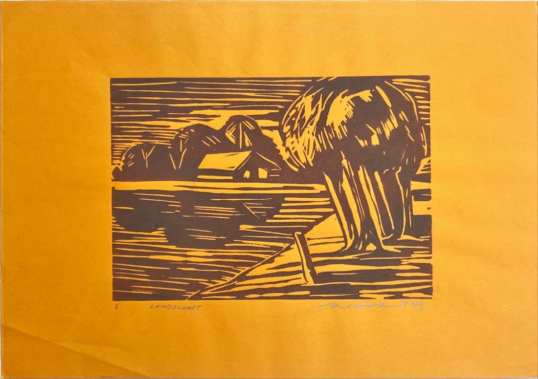 Landschaft - Linocut - Hand signed: Great Linocut by a German Artist, titled Landschaft ("Landscape"). Hand-signed, dated, titled and numbered.