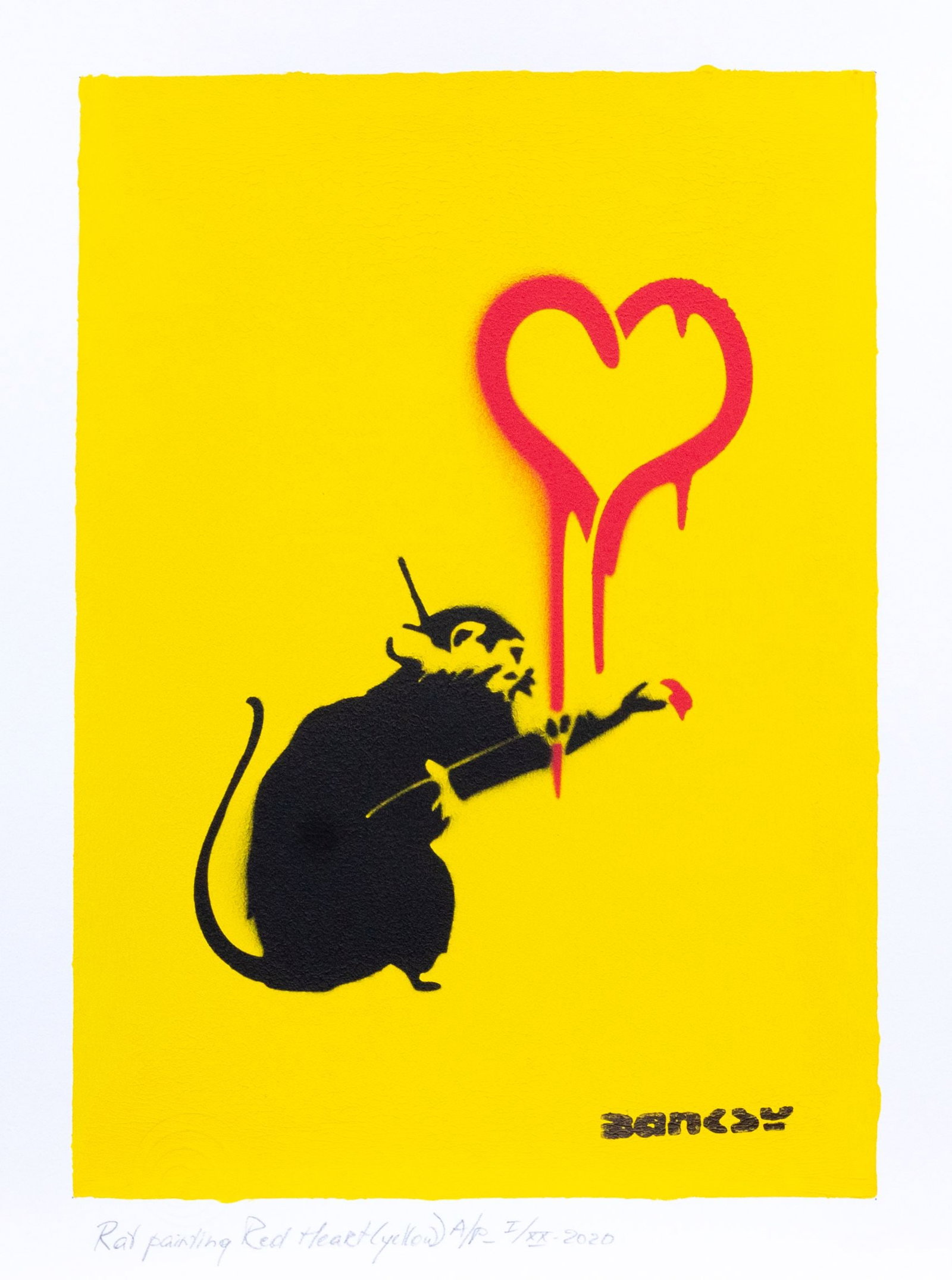 Banksy, after - Stencil / Spray.: Title: Rat Painting Red Heart (yellow). Banksy, after. Stencil/Spray. StreetArt. Edition: A/P (Artist Proof) Random/XX. Comes with Signed COA card of the Publisher. Signature imprimée (signed in plat