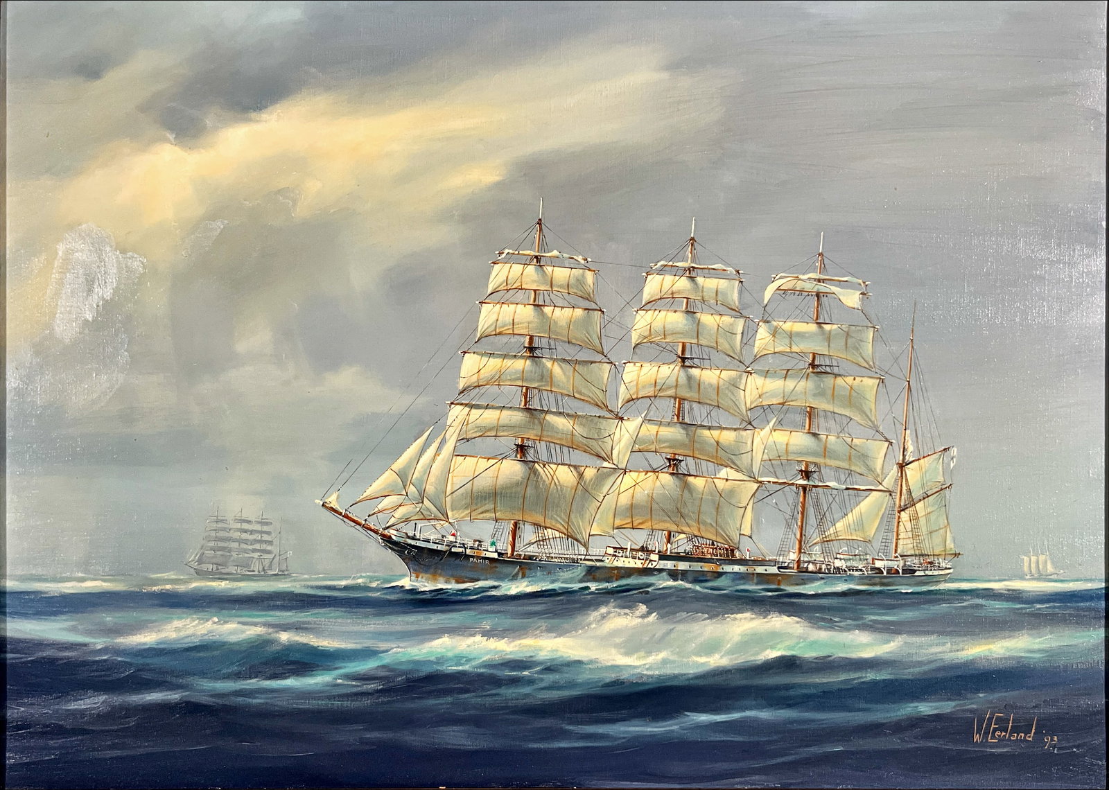 Eerland, W. - Full-Rigged Ship at Sea - Oil painting - Hand-signed: This maritime painting by Willem Eerland depicts a majestic full-rigged sailing ship underway across a wind-stirred sea. The vessel, shown with multiple square sails fully unfurled, captures the elega