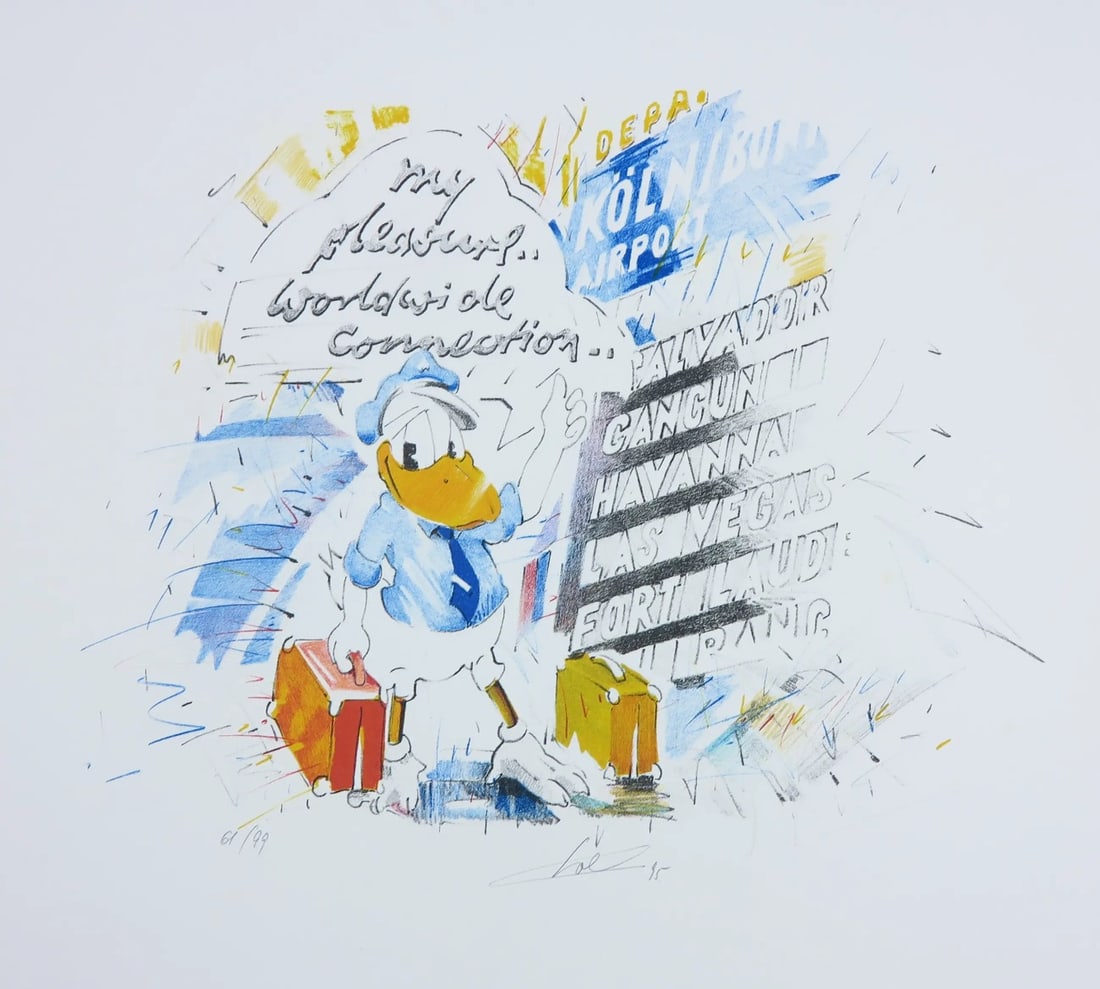Wolfgang Loesche - Lithograph - Hand signed: Artist: Loesche, Wolgang Title: My Pleasure, Woldwide Connection Technique: Lithograph on Handmade paper size: 48 x 62,5 cm. (18,9 x 24,6 inch) Framed: Not framed More Information