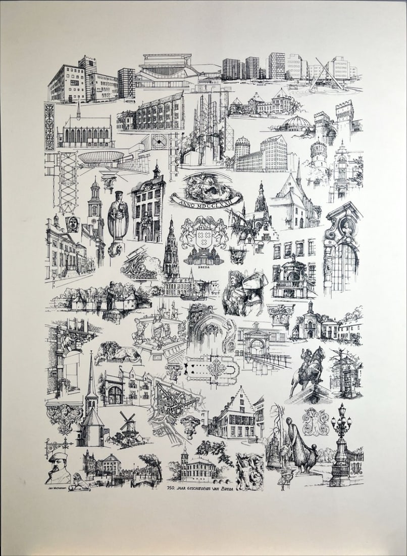 Jan (J.C.A.) Michielsen - Silkscreen - Signed: Artist: Michielsen, Jan (J.C.A.) Title: 750 jaar geschiedenis van Breda Technique: Silkscreen on Handmade paper size: 75 x 56 cm. (29,55 x 22,05 inch) Framed: Not framed More Informa
