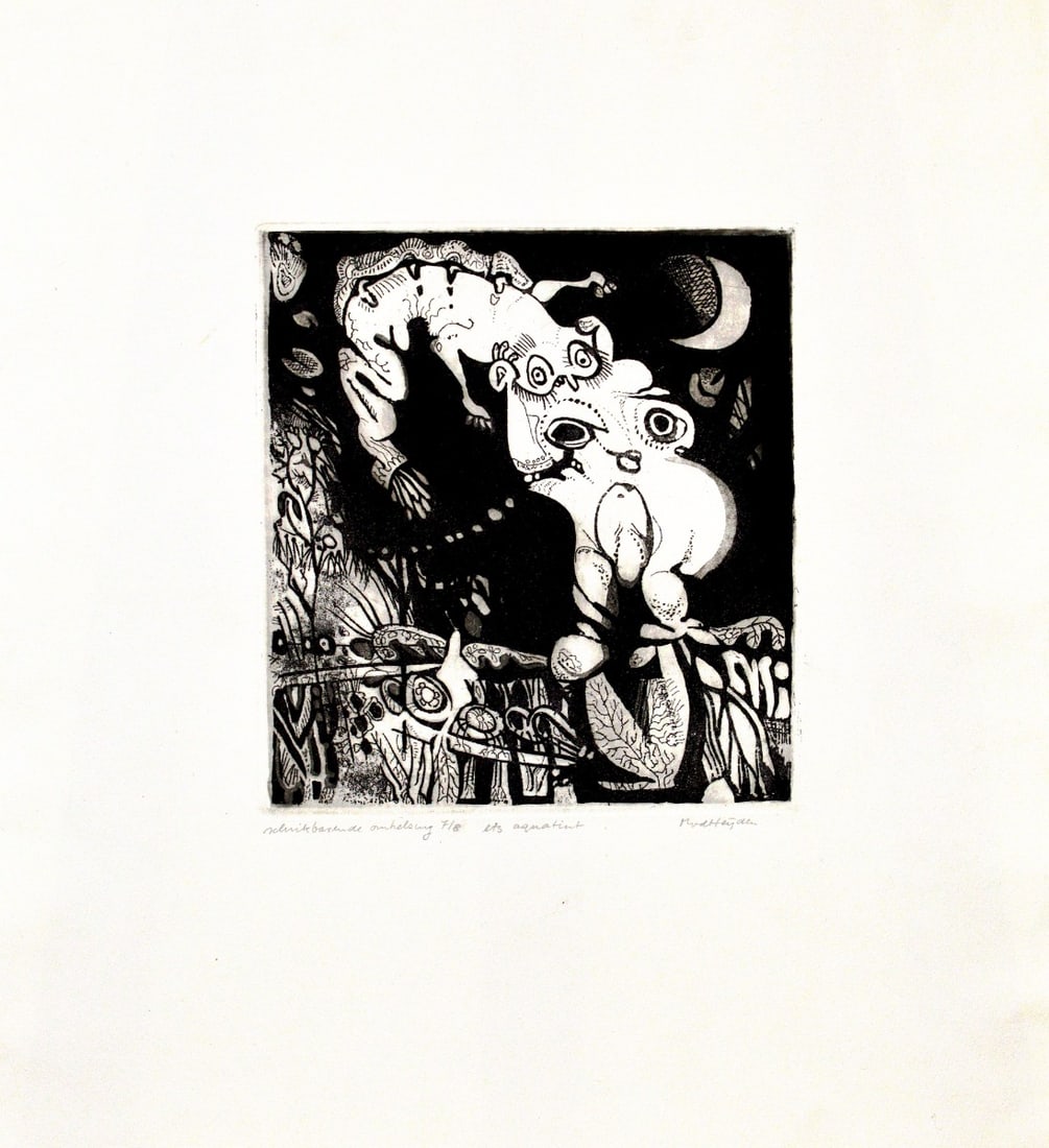 M. van der Heijden - etching aquatint: Artist: Heijden, M. van der Title: Schrikbarende omhelzing Technique: Etching on Handmade paper size: 53 x 39 cm. (20,85 x 15,35 inch) Framed: Not framed More Information H