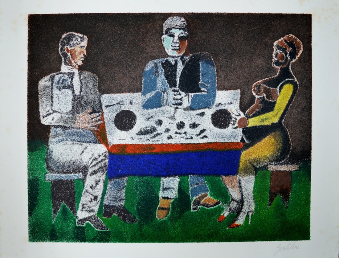Gentilini, Franco - Lithograph: Artist: Gentilini, Franco Title: At the Table Technique: Lithograph on Arches paper size: 50 x 65,5 cm. (19,7 x 25,8 inch) Framed: Not framed More Information Hand-Signed . Franco Gentilini (Faenza