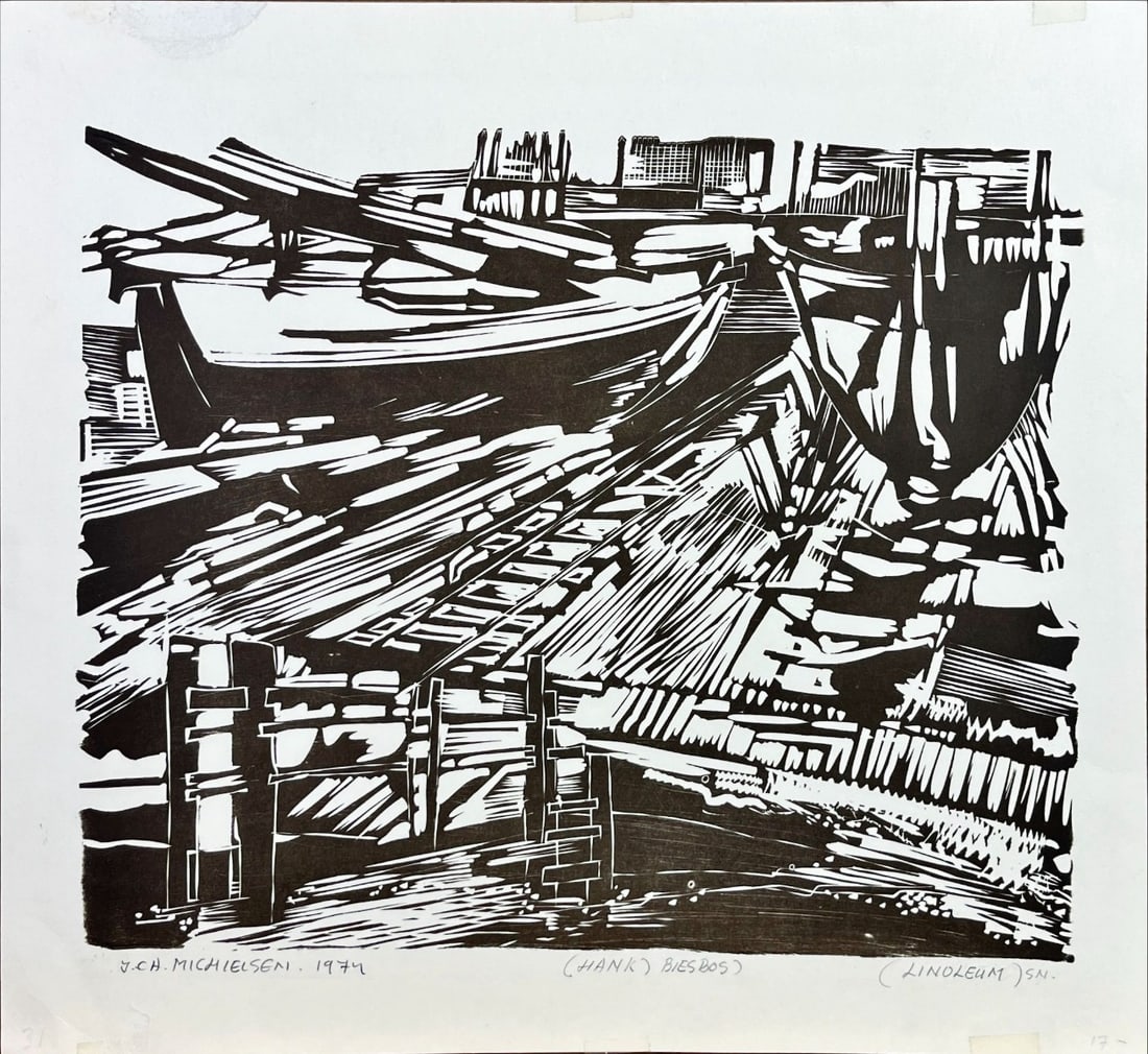 Jan (J.C.A.) Michielsen - Linocut - Hand signed: Artist: Michielsen, Jan (J.C.A.) Title: Hank Biesbos Technique: Linocut on Handmade paper size: 32 x 36 cm. (12,6 x 14,15 inch) Framed: Not framed More Information Michiel