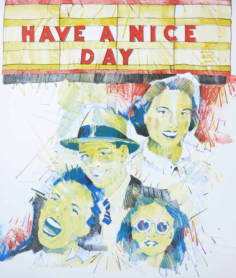Wolfgang Loesche - Lithograph - Hand signed: Artist: Loesche, Wolgang Title: Have a nice day Technique: Lithograph on Handmade paper size: 60 x 50 cm. (23,6 x 19,7 inch) Framed: Not framed More Information Wolfgang Lo