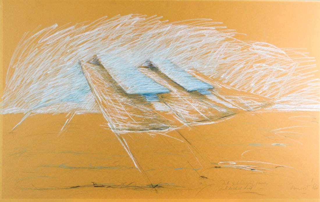 Heppe de Moor - Chalk Drawing: Artist: Moor, Heppe de Title: Dak schilderij / Dakbeschot hout Technique: Chalk drawing on Cardboard size: 60 x 95 cm. (23,6 x 37,4 inch) Framed: Not framed More Information