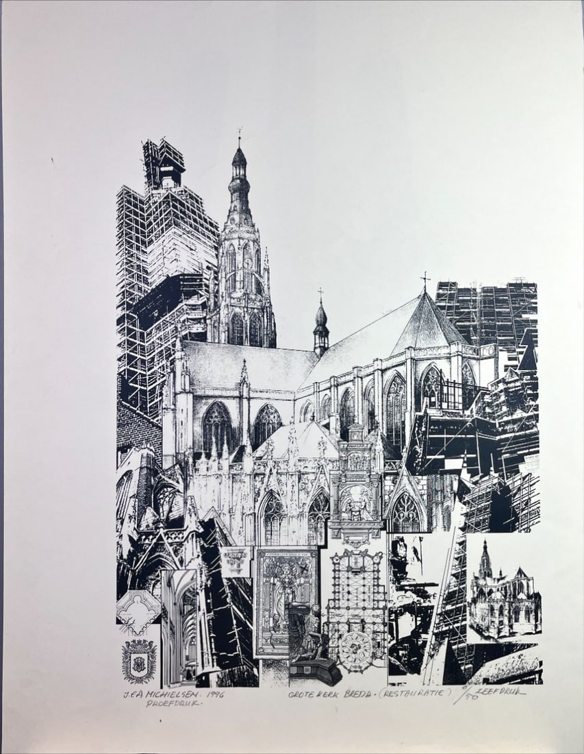 Jan (J.C.A.) Michielsen - Silkscreen - Hand signed: Artist: Michielsen, Jan (J.C.A.) Title: Grote kerk Breda restauratie Technique: Silkscreen on Handmade paper size: 72 x 55 cm. (28,35 x 21,65 inch) Framed: Not framed More Informatio