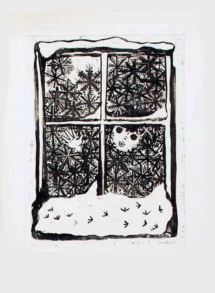 Anke Möhring - Woodblock - Handsigned: Artist: MÃ¶hring, Anke Title: Girl behind snowy window Technique: Wood block on Japanese rice paper size: 47 x 37 cm. (18,5 x 14,55 inch) Framed: Not framed More Information German Artist Comes