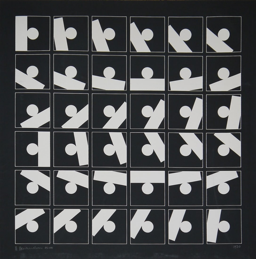 Marcello Morandini -Silkscreen - Handsigned: Artist: Morandini, Marcello Title: Compositie Technique: Silkscreen on Cardboard size: 69 x 69 cm. (27,15 x 27,15 inch) Framed: Not framed More Information Marcello Morandini 1940 - Studied at the