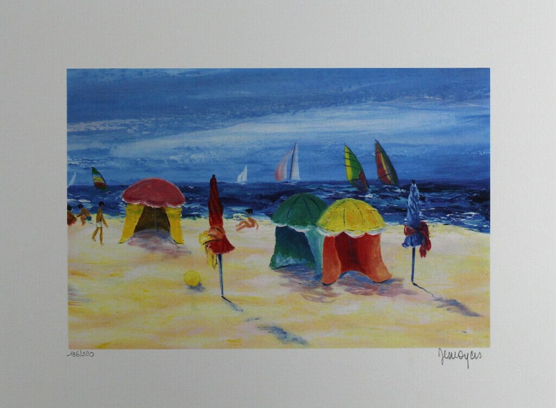 Serge Desnoyers - Lithograph - Handsigned: Artist: Desnoyers, Serge Title: ActivitÃ© a la plage Technique: Lithograph on Handmade paper size: 30 x 40 cm. (11,8 x 15,75 inch) Framed: Not framed More Information Handsigned and numebered.