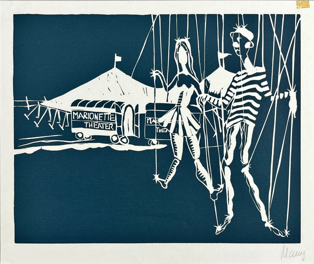 Veel Szejstecki - Linocut - Hand signed: Artist: Szejstecki, Many Title: Marionetten Technique: Linocut on Handmade paper size: 24,5 x 29,5 cm. (9,65 x 11,6 inch) Framed: Not framed More Information Many Szejstecki 1931 - 2016. German
