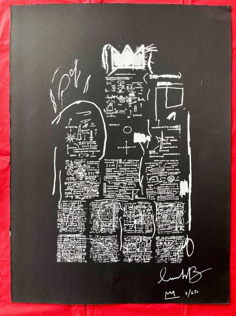 Basquiat, Jean-Michel - Hand-Signed - Silkscreen.: Artist: Basquiat, Jean-Michel Title: Tuxedo Technique: Silkscreen on Black Paper size: 76,5 x 56 cm. (30,1 x 22,05 inch) Framed: Not framed More Information Title: Tuxedo. Edition: random/250.