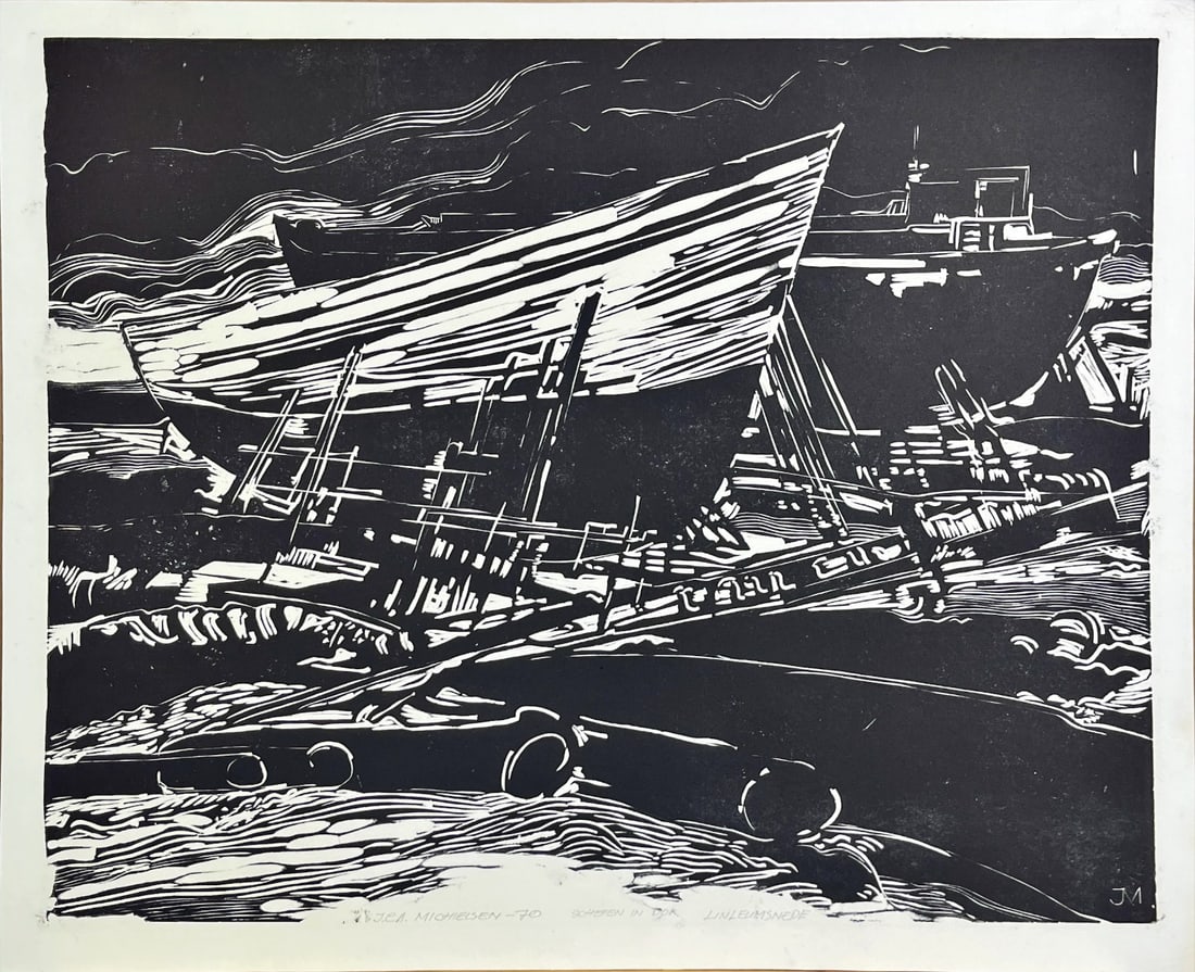 Jan (J.C.A.) Michielsen - Linocut - Hand signed: Artist: Michielsen, Jan (J.C.A.) Title: Schepen in Dok Technique: Linocut on Handmade paper size: 44 x 55,5 cm. (17,3 x 21,85 inch) Framed: Not framed More Information Mic