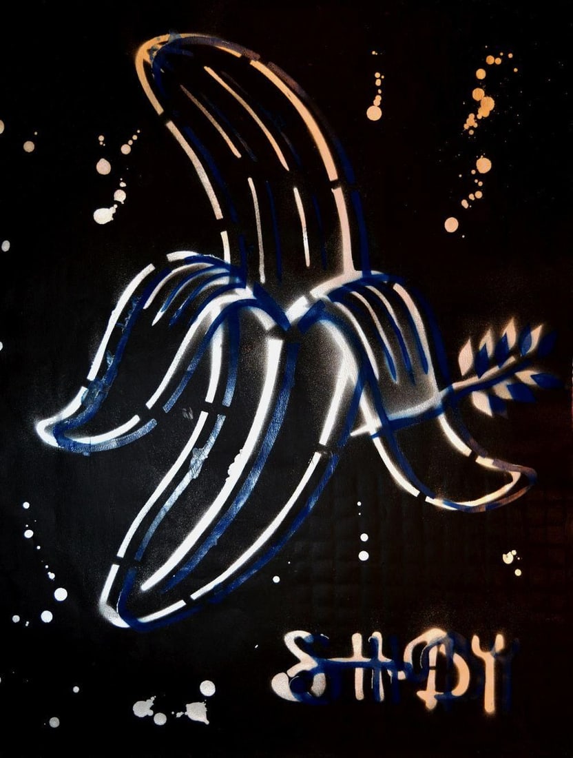 Shuby - Stencil Spray - Handsigned: Artist: Shuby Title: Peace Banana (blue/silver) Technique: Stencil/Spray on Smooth paper size: 58 x 79 cm. (22,85 x 31,1 inch) Framed: Not framed More Information Title: Pe