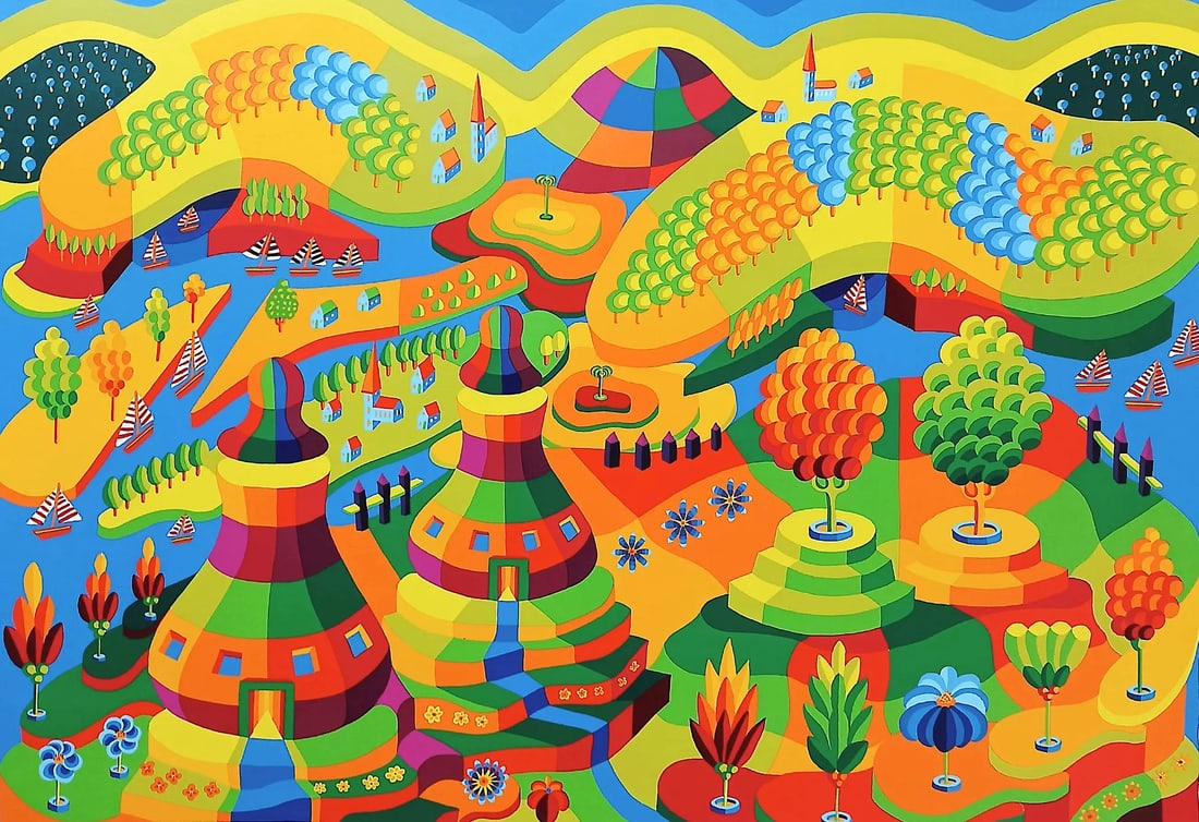 Louis Gans - Silkscreen: Artist: Gans, Louis Title: Fantasy landscape Technique: Silkscreen on Heavy smooth paper size: 56 x 76 cm. (22,05 x 29,9 inch) Framed: Not framed More Information Louis GAN