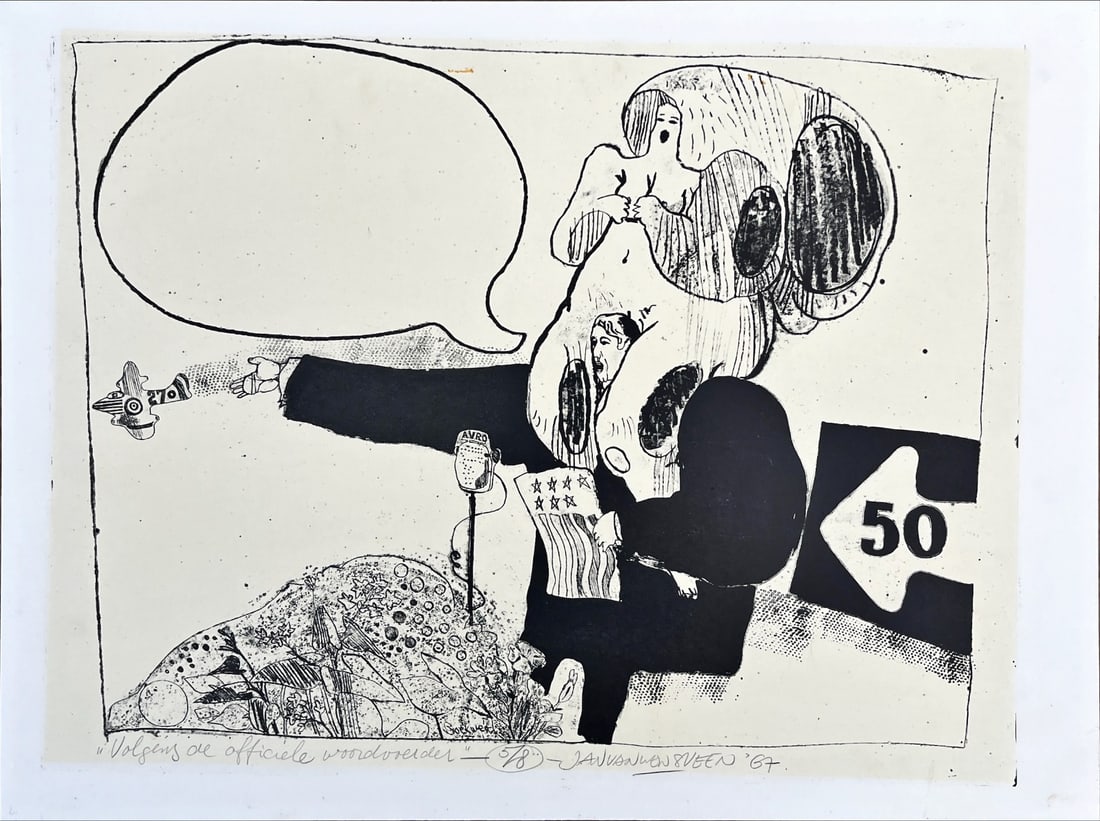 Volgens de officiele woordvoerder ("according to our spokesman") - Dutch Artist - Hand signed: Artist: Unknown / Unreadable Artist Title: Volgens de officiele woordvoerder Technique: Lithograph on Handmade paper size: 38 x 51 cm. (14,95 x 20,1 inch) Framed: Not framed More Information sku: