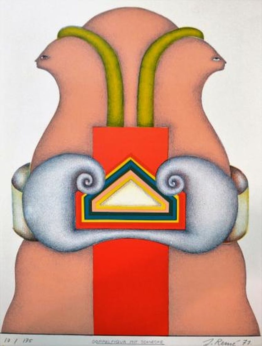 Remé. Jorge - Lithograph - Handsigned: Artist: Remé, Jorg Title: Doppelfigur mit Schnecke Technique: Lithograph on Arches paper size: 55 x 40 cm. (21,65 x 15,75 inch) Framed: Not framed More Information sku: JR1040