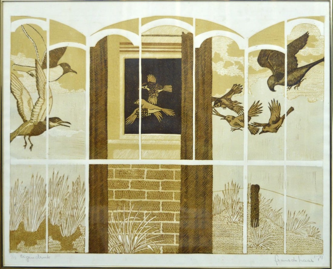 Haas, Frans de - Silkscreen e.d. (printed by the Artist): Artist: Haas, Frans de Title: Vogels in de muur Technique: Silkscreen on Paper size: 55 x 75 cm. (21,65 x 29,55 inch) Framed: 0 x 0 cm. (0 x 0 inch.) More Information sku: FH0452