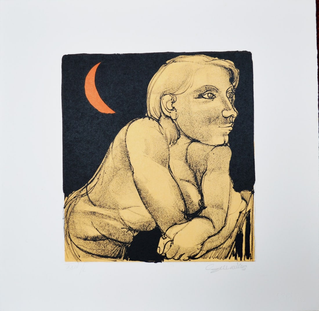 Guerricchio, Luigi - Silkscreen - Handsigned: Artist: Guerricchio, Luigi Title: Women nude with moon Technique: Silkscreen on Arches paper size: 34,5 x 35,5 cm. (13,6 x 14 inch) Framed: Not framed More Information Hand-signed. titled and