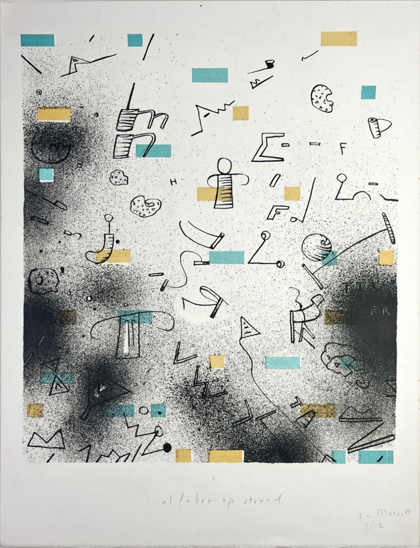 Irène von Moos - Lithograph - Hand signed: Artist: Moos, Irène von Title: Alfabet op strand Technique: Lithograph on BFK Rives paper size: 60 x 55 cm. (23,6 x 21,65 inch) Framed: Not framed More Information Irène von Moos is an artist who
