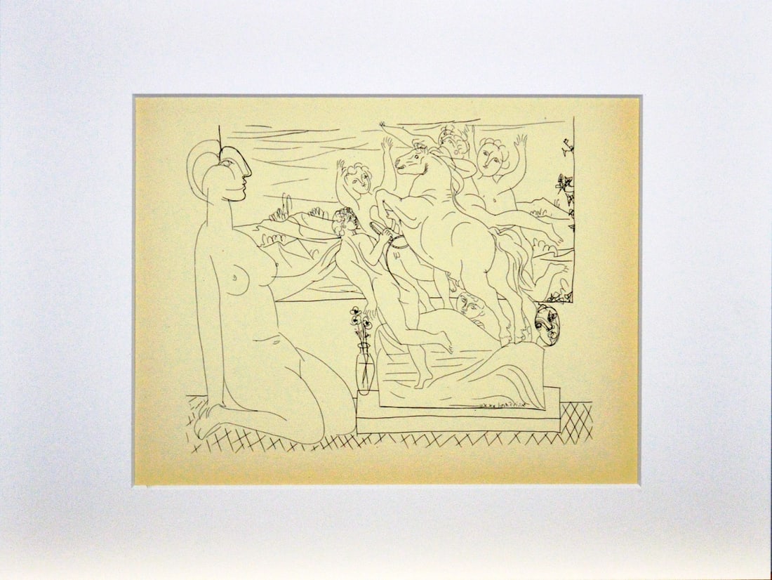 Pablo Picasso, after - Etching: Artist: Picasso, Pablo, after Title: Model kneeling viewing Sculptor Technique: Etching on Handmade paper size: 25 x 35 cm. (9,85 x 13,8 inch) Framed: 30 x 40 cm. (0 x 0 inch.) More Information From