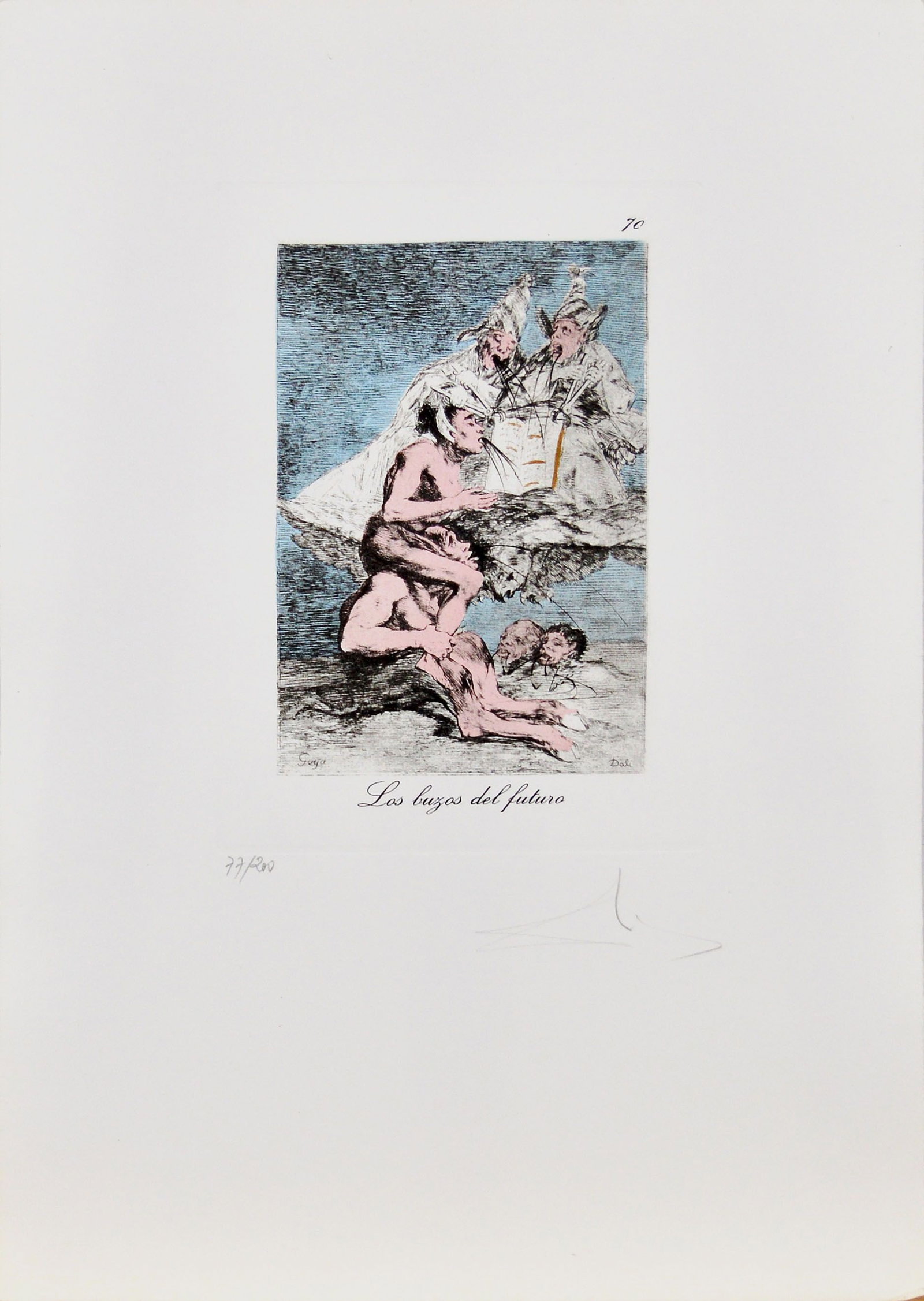 Dalí, Salvador - Etching - Handsigned: Artist: Dali, Salvador Title: Los buzos del futuro. No. 70 Technique: Etching on BFK Rives paper size: 39 x 31,3 cm. (15,35 x 12,3 inch) Framed: Not framed More Information Hand-Signed. Edition: