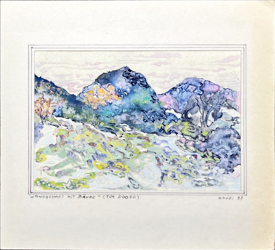 Hansi - watercolor - Hand signed: Artist: Hansi Title: Landschaft mit Baume Technique: Watercolor on Handmade paper size: 7,5 x 10 cm. (2,95 x 3,95 inch) Framed: Not framed More Information A very beautiful watercolour by the French