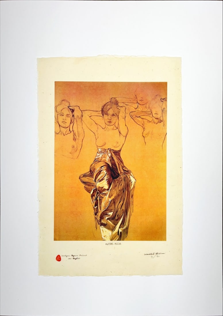 Mucha, Alphonse - Lithograph - Handnumbered: Artist: Mucha, Alphonse Title: Study of Drapery Technique: Lithograph on Japanese rice paper size: 49 x 32 cm. (19,3 x 12,6 inch) Framed: Not framed More Information ALPHONSE MUCHA - LithographUnique