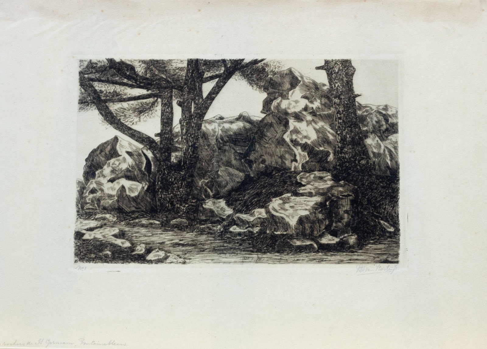 Kooten, L.W. van - Etching - Handsigned: Artist: Kooten, L.W, van Title: Les Rocher de St. Germain Technique: Etching on Fine art paper size: 32,5 x 44,5 cm. (12,8 x 17,5 inch) Framed: Not framed More Information Hand-Signed by the artist.